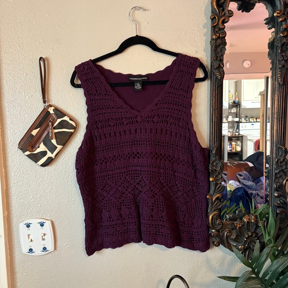 Norton McNaughton Plum Crochet Tank Top Linen Blend Large